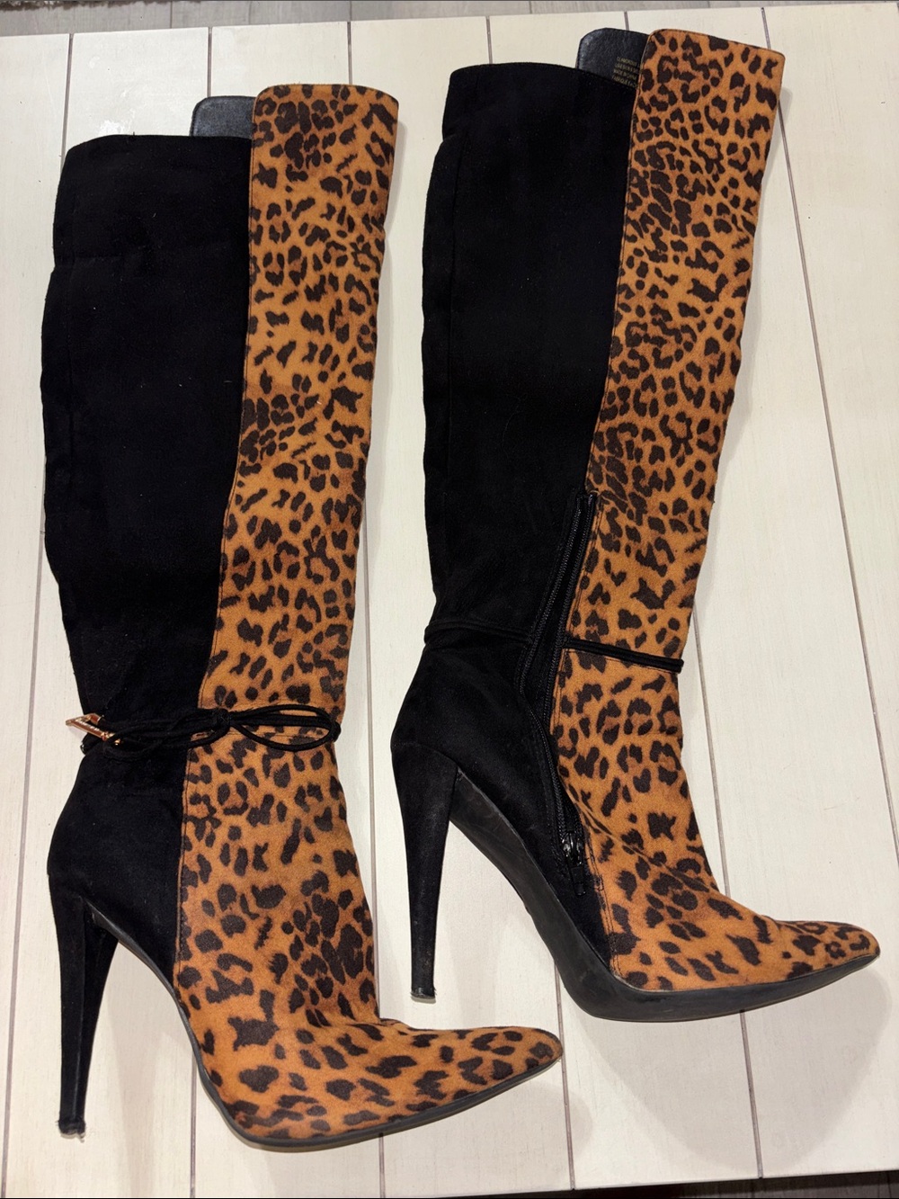 Glamorous Black & Leopard Over-the-Knee High-Heel Boots